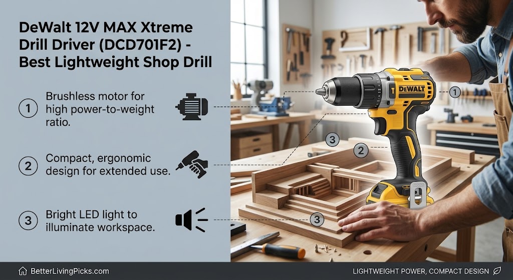 Woodworking workshop featuring a craftsman assembling oak joinery with a yellow DeWalt 12V MAX Xtreme drill driver and numbered feature callouts.