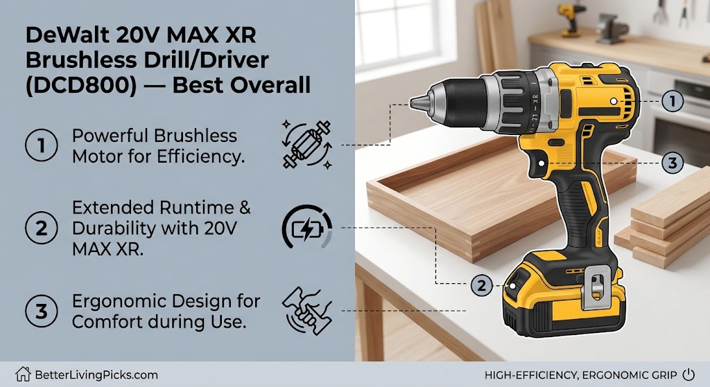 An infographic split-screen featuring a yellow DeWalt brushless drill/driver (DCD800) in a workshop setting on the right, with a dark text panel on the left listing key benefits and linking numbered connection points.