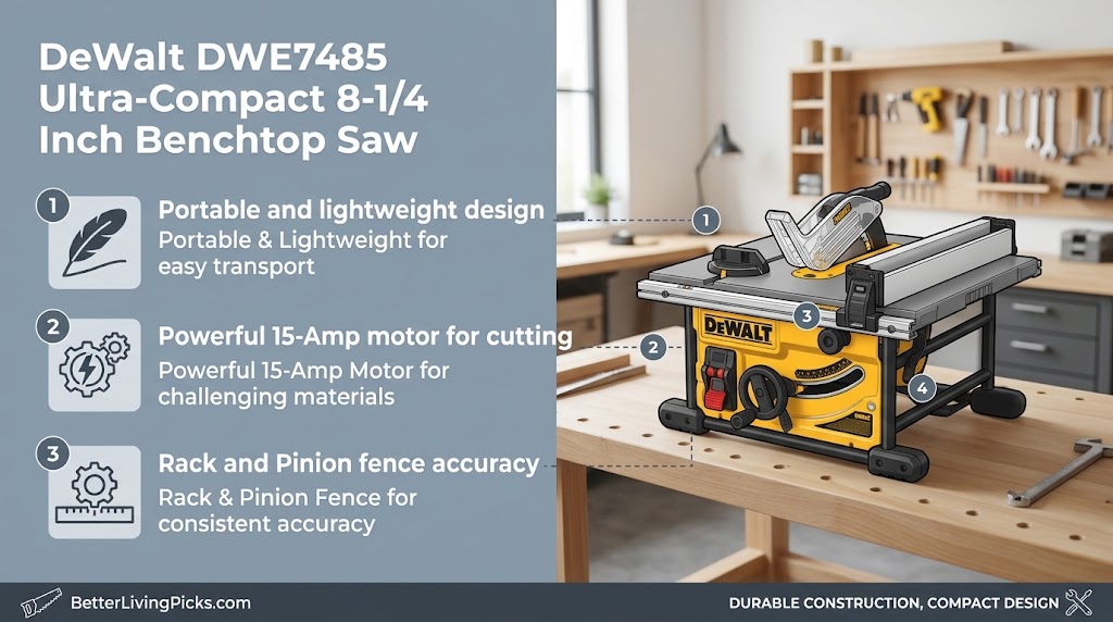 Split-screen feature graphic displaying three numbered specifications on a light slate-gray panel alongside a DeWalt DWE7485 benchtop table saw resting on a wooden workbench.