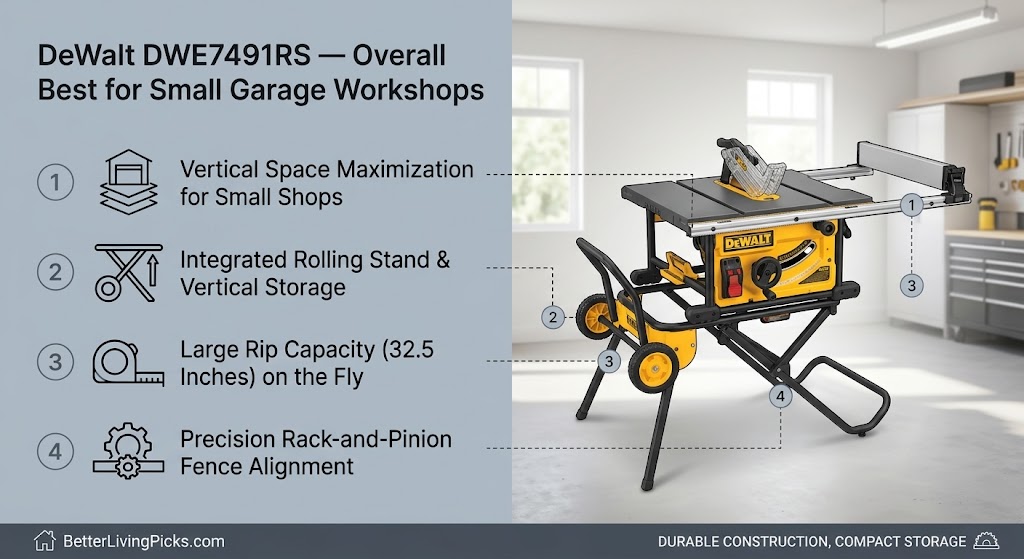 Split-screen feature graphic displaying four numbered specifications on a light slate-gray panel alongside a DeWalt DWE7491RS jobsite table saw on a collapsible scissor stand in a garage workshop setting.
