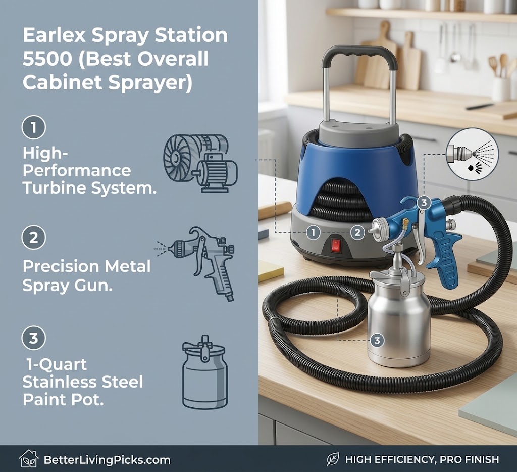 Bright professional garage workshop counter displaying the dynamic new view of the blue Earlex Spray Station 5500 turbine and metal spray gun with three numbered feature callouts on a split-screen infographic banner.