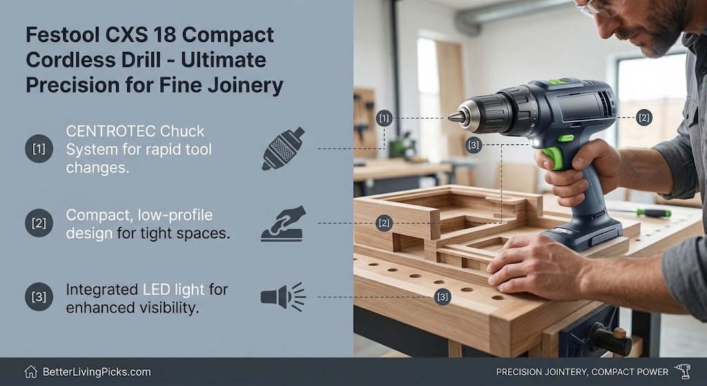 Woodworking workshop featuring a compact dark blue Festool cordless drill overlaid with numbered callout points next to a slate-gray feature panel.