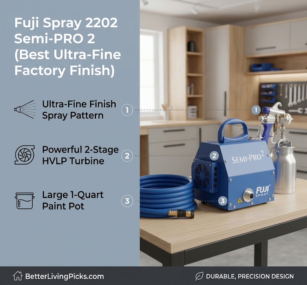 Professional infographic comparing feature text to a Fuji Spray Semi-PRO 2 system on a workbench in a kitchen setting.