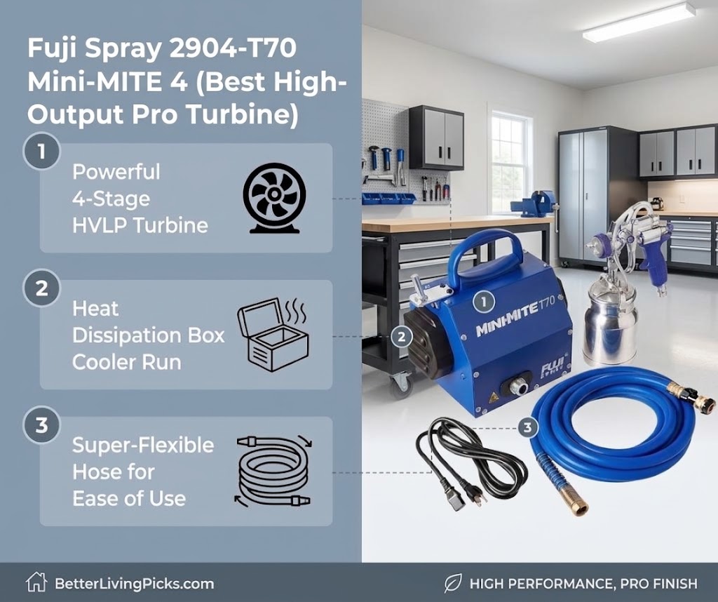 Split-screen infographic with features on a gray left panel and a modern garage workshop on the right containing a Fuji Spray Mini-MITE T70 unit.