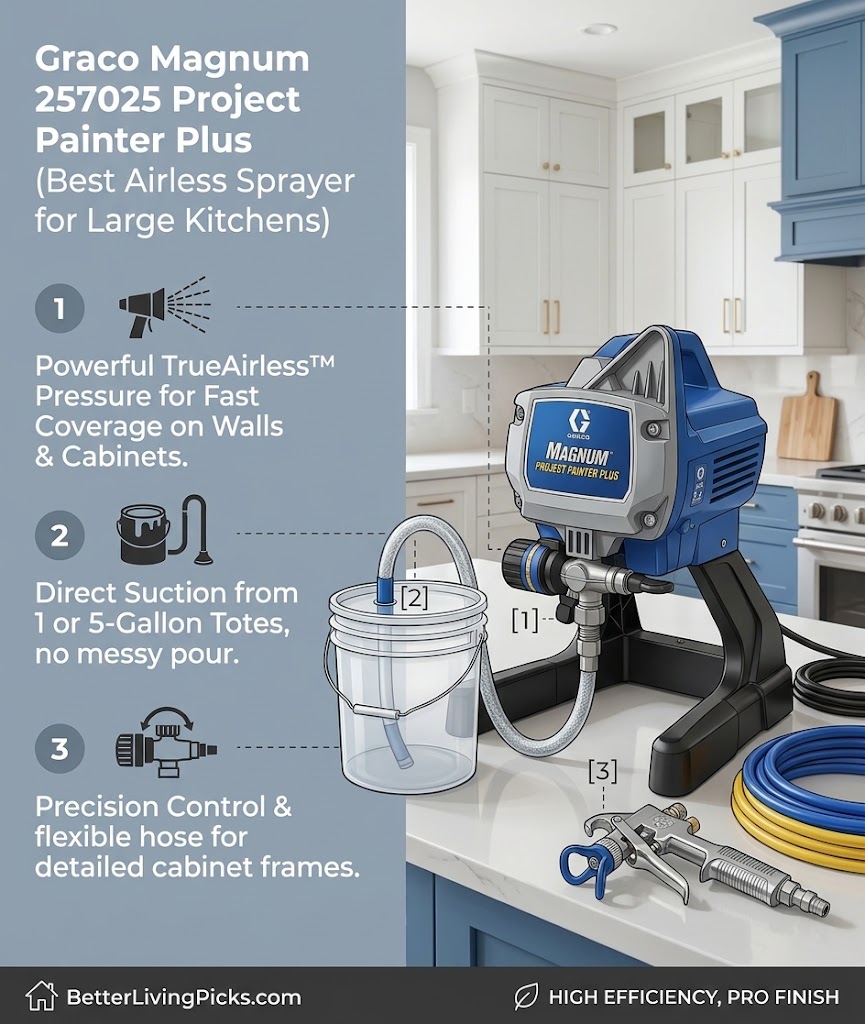 Modern kitchen island featuring a Graco Magnum 257025 airless paint sprayer with three numbered callouts and a background view of white and blue cabinets.