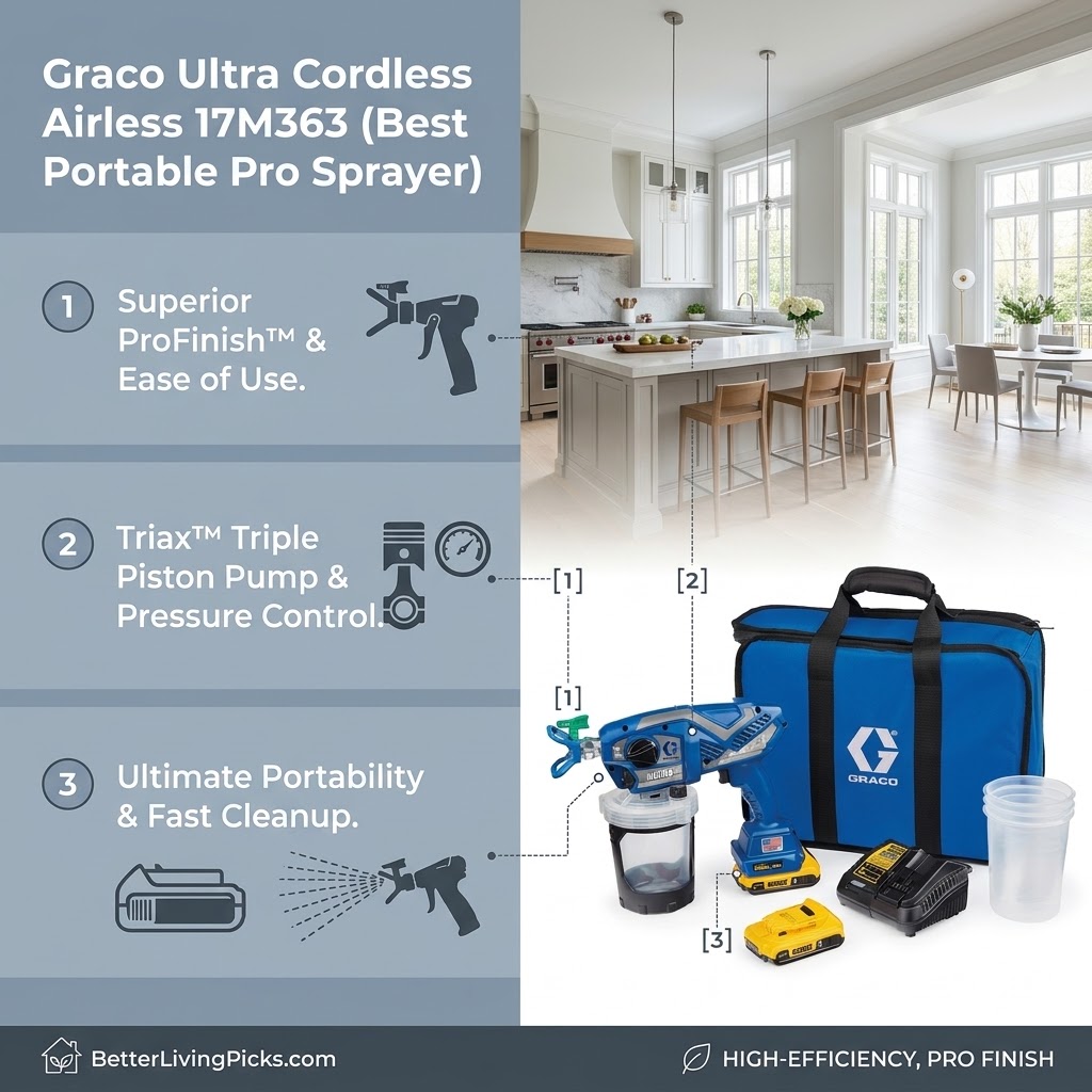 Professional product feature infographic with a gray left panel detailing sprayer benefits and a modern kitchen on the right with a Graco Ultra sprayer.