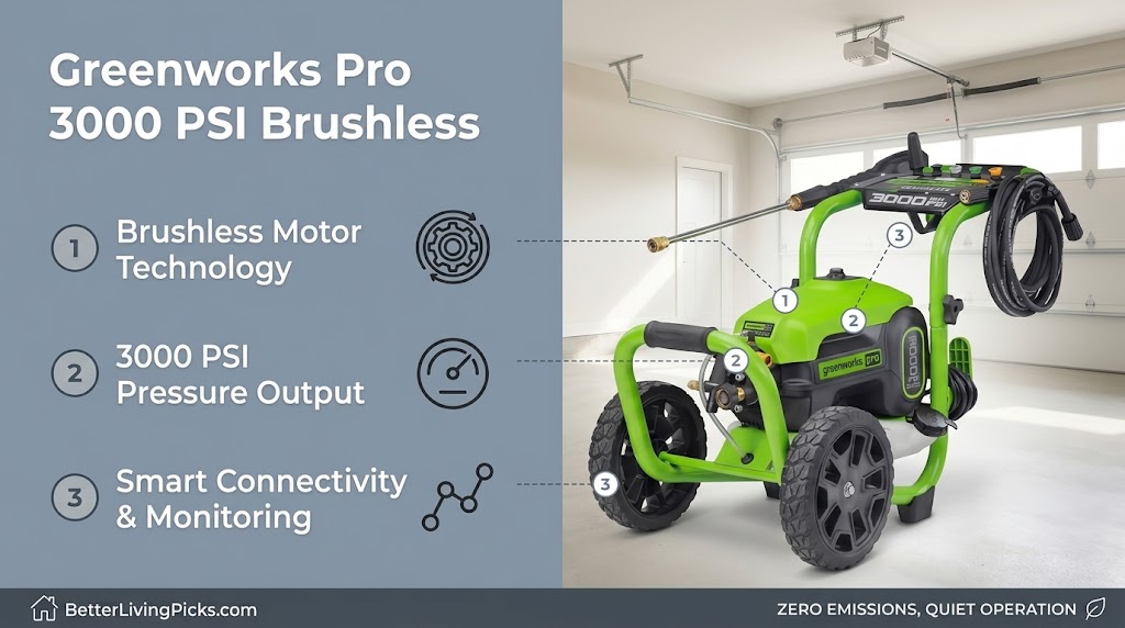 Greenworks Pro 3000 PSI electric brushless pressure washer positioned inside a clean modern residential garage.