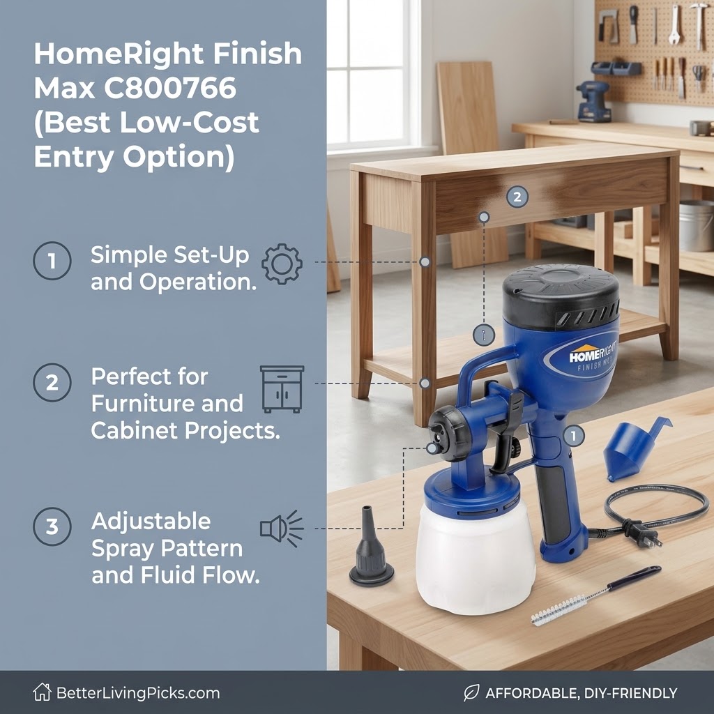 Professional product graphic with a gray left panel detailing benefits and a modern workshop on the right showing the HomeRight Finish Max sprayer and wood table.