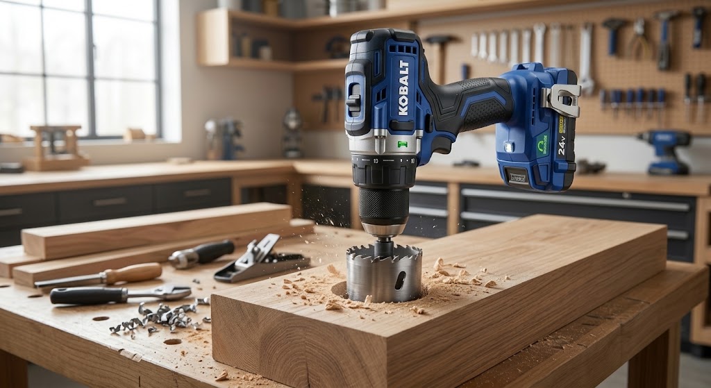 Woodworking workshop featuring a blue and black Kobalt brushless drill driver actively boring a large hole with a hole saw into an oak block on a workbench.