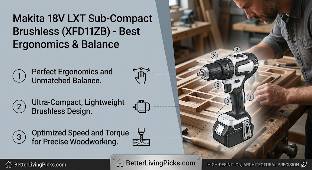 Workshop infographic featuring a sub-compact Makita drill on a wood workbench with feature callouts and a craftsman.