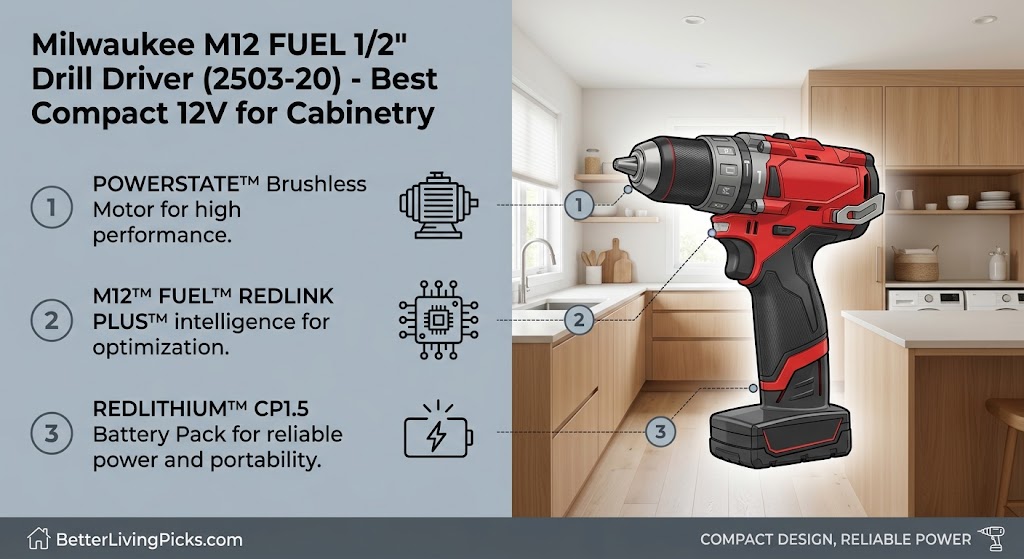 Infographic for Milwaukee M12 FUEL 1/2" Drill Driver against a kitchen cabinetry background with feature callouts for motor, intelligence, and battery.