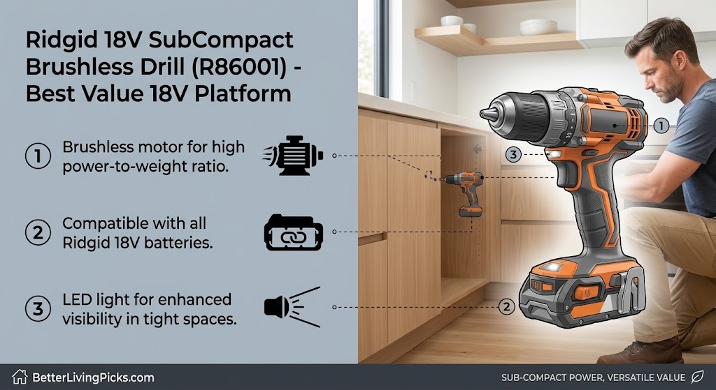 Modern kitchen installation scene featuring a craftsman kneeling next to oak cabinetry with an orange Ridgid 18V subcompact drill mockup and numbered feature callouts.