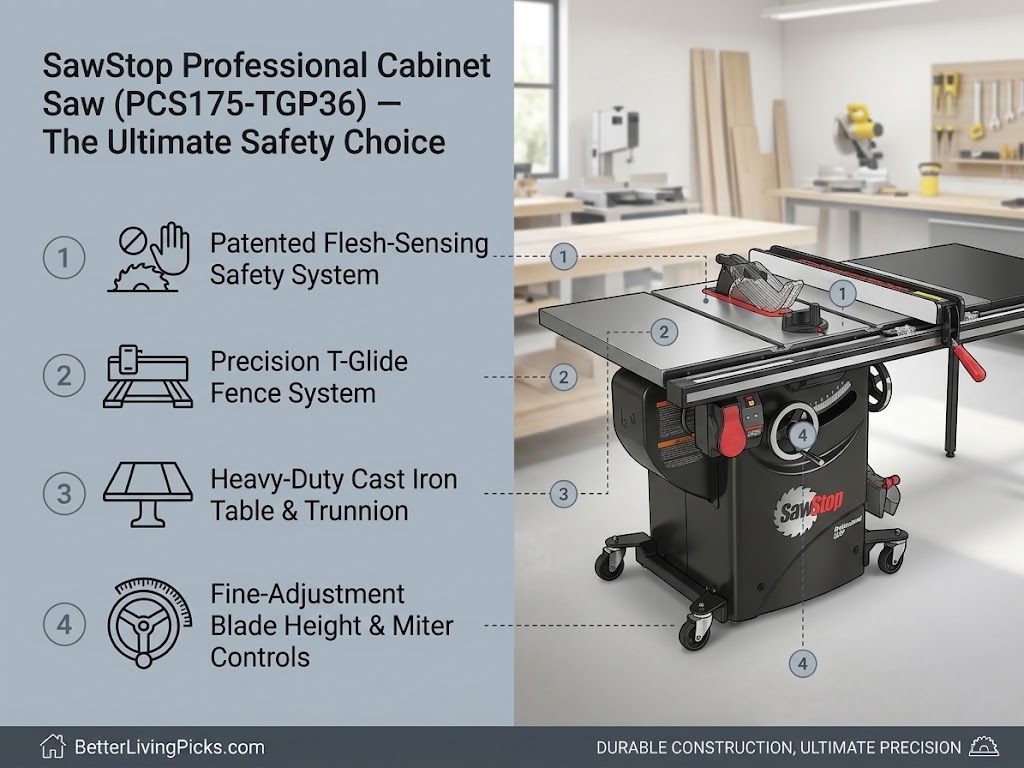 Split-screen infographic with a left panel listing four numbered table saw specifications next to clean icons, alongside a right panel displaying a SawStop Professional Cabinet Saw in a brightly lit home workshop.