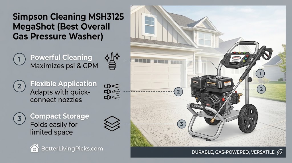 Feature callout diagram of the Simpson MegaShot gas pressure washer set on a concrete suburban driveway.