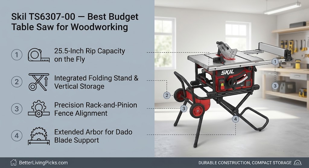 Split-screen infographic with a left panel listing four numbered table saw specifications next to clean icons, alongside a right panel displaying a Skil TS6307-00 table saw on a folding stand in a brightly lit home workshop.