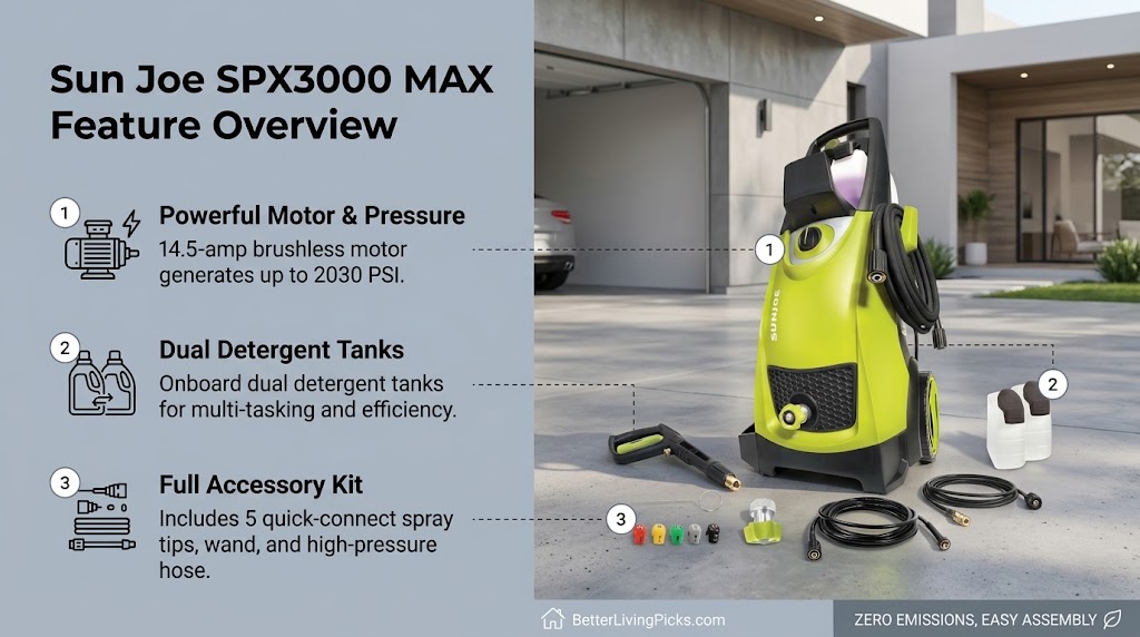 Product feature infographic with text callouts and a green Sun Joe pressure washer in a modern garage and patio setting.