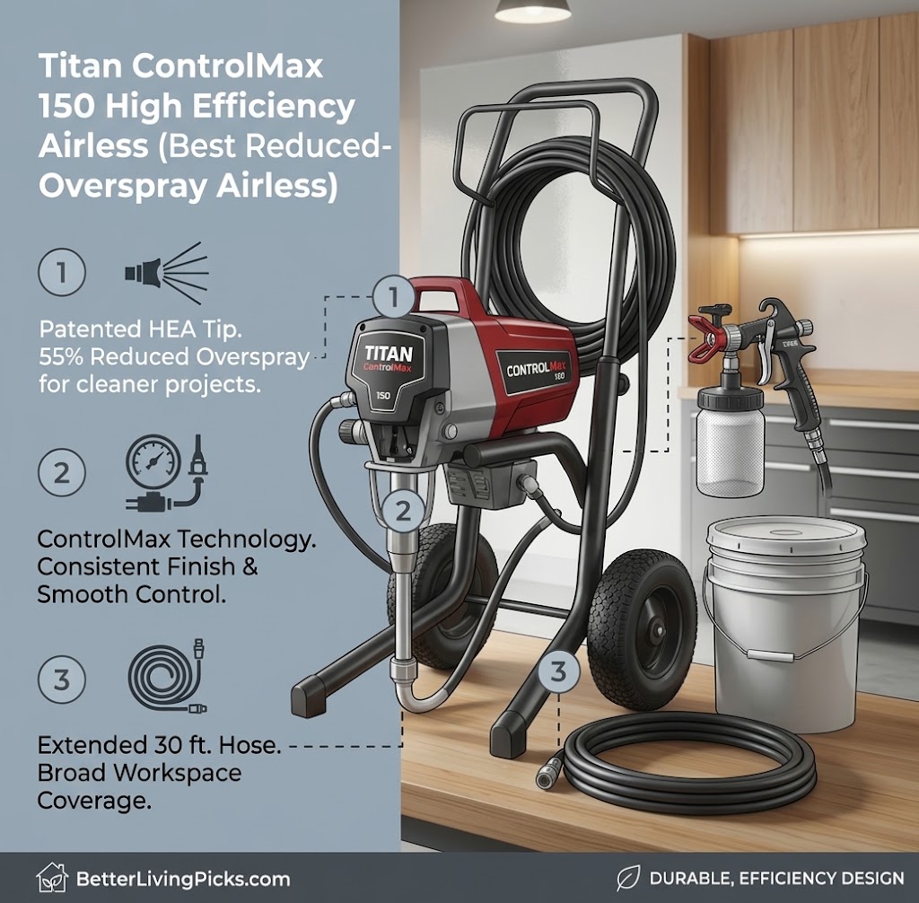 Clean split-screen infographic with a gray left panel detailing sprayer features and a modern workshop on the right containing a Titan ControlMax 150 airless sprayer with a wood table, hose, and paint bucket.
