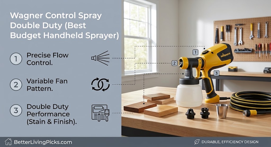 Modern workshop setup featuring a yellow and black Wagner Control Spray Double Duty handheld paint sprayer on a wooden workbench with wood stain samples and spray tips.