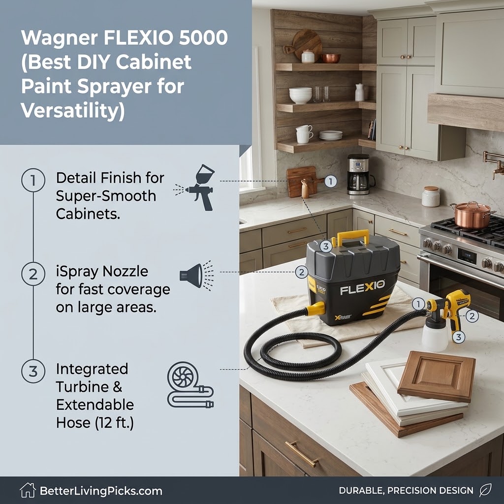 Modern kitchen counter featuring a Wagner FLEXIO 5000 stationary base unit, detail nozzle gun, and unpainted cabinet doors with three numbered feature callouts.