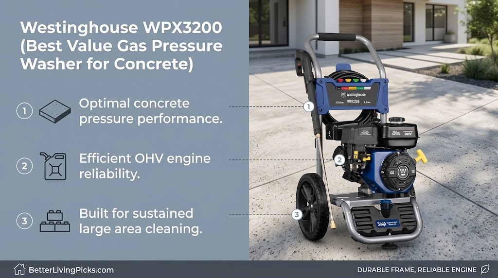 Infographic for Westinghouse WPX3200 gas pressure washer showing a modern patio setting.